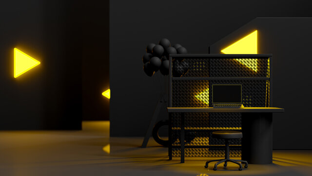 Black office and yellow arrow sign pointing to the exit. 3D Render.