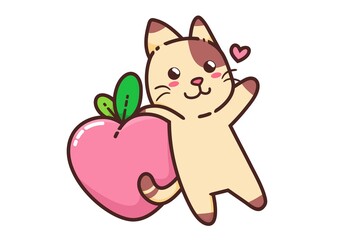 Cute Adorable Happy Brown Cat Eat Pink Peach Fruit Juicy Food Nature cartoon doodle vector illustration flat design style