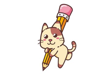 Cute Adorable Happy Brown Cat and Yellow Pencil cartoon doodle vector illustration flat design style