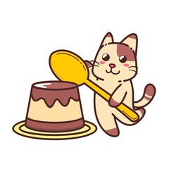 Cute Adorable Happy Brown Cat Eat Pudding Sweet Character cartoon doodle vector illustration flat design style
