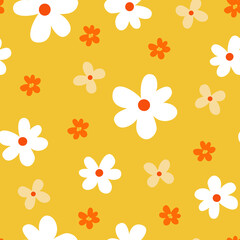 Seamless botanical pattern with flowers on a yellow background. Hand-drawn  seasonal texture.