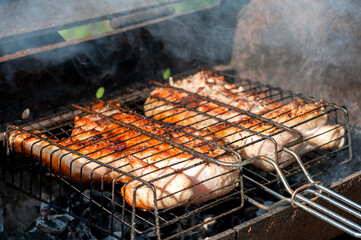Grilled chicken steak. Delicious barbecue, food concept, grilled food 