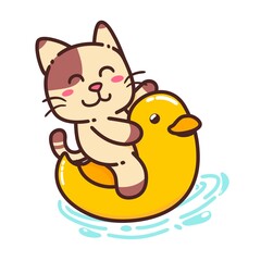 Cute Adorable Happy Brown Cat and Yellow Duck Rubber Toy Float cartoon doodle vector illustration flat design style