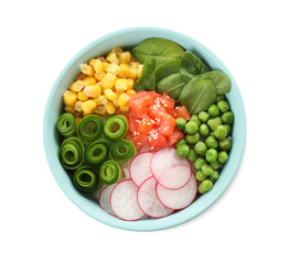 Delicious salad with salmon and vegetables in bowl isolated on white, top view