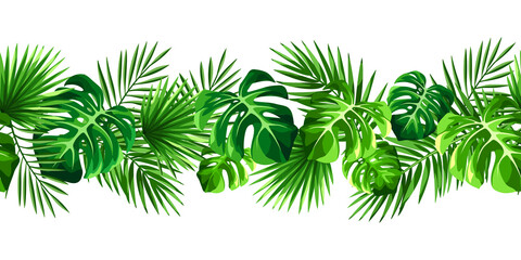 Vector tropical horizontal seamless border with green monstera and palm leaves on a white background. © naddya