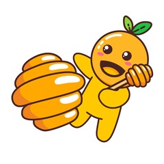 Cute Adorable Happy Orange Fruit Character Eat Honey cartoon doodle vector illustration flat design style