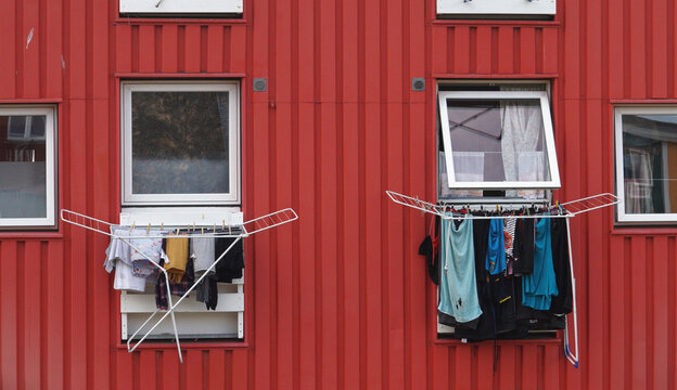 windows with laundry hanging outside, Sisimut, Greenland