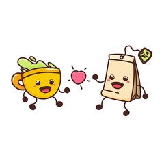 cute yellow mug cup love tea bag cartoon doodle vector illustration flat design style
