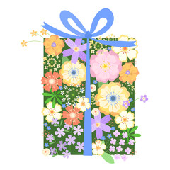 a box filled with blossoming flowers and tied with a blue ribbon with a bow.  vector illustration.  suitable for postcards, invitations, packaging, posters, bag printing.