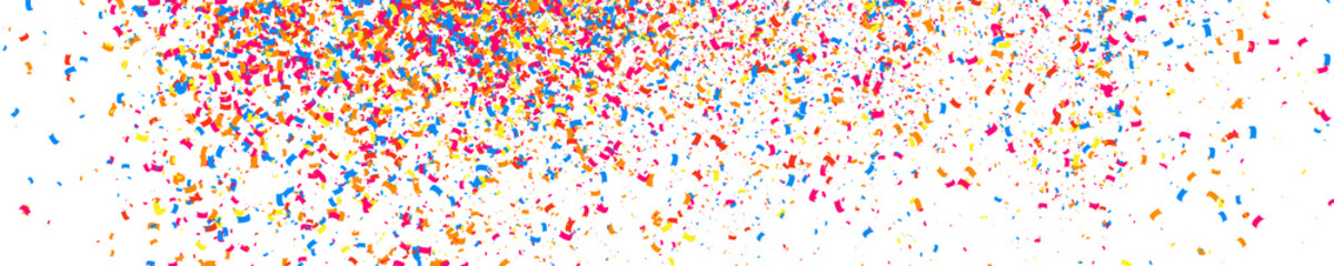 Colorful Explosion Of Confetti. Grainy Abstract Multicolored Texture Isolated On White. Panoramic Background. Wide Horizontal Long Banner For Site. Vector Illustration, Eps 10.  