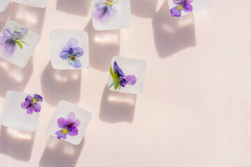 Floral ice cubes on the gray background. Edible flowers frozen in ice. Horizontal with space for...