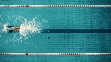 Aerial Top View Male Swimmer Swimming in Swimming Pool. Professional Determined Athlete Training for the Championship, using Butterfly Technique. Cinematic Wide Slow Motion Tracking Shot