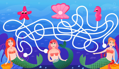 Colourful find way game for kids with cute mermaid characters in cartoon style, underwater life, marine scenery with starfish and seahorse, printable worksheet, puzzle for children