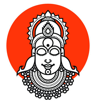 Minimalist Style Conceptual Vector Graphic Illustration of Smiling Lord Vitthal aka Pandurang, Vithu Mauli, Pandharinath with jewellery, Black and white Geometric Line Art created using Basic Shapes.
