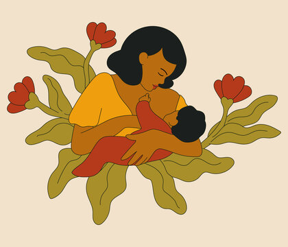 World Breastfeeding Week, 1-7 August. Flat Vector Illustration. Mother Nursing A Baby.