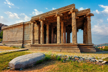Fototapeta premium Ancient temple ruins in Hampi. Karnataka, India