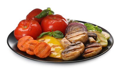 Different delicious grilled vegetables on white background