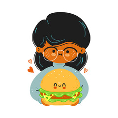 Young cute funny girl hold hamburger in hand. Young woman hugs cute hamburger. Isolated on white background