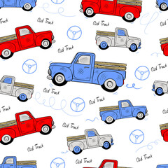 Cartoon Transportation Background for Kids. Vector Seamless Pattern with old trucks, Toy Cars and Traffic signs © Pavel