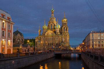 Fototapeta na wymiar View of the Cathedral of the Resurrection of Christ (Savior on Spilled Blood) on a white night, Saint Petersburg