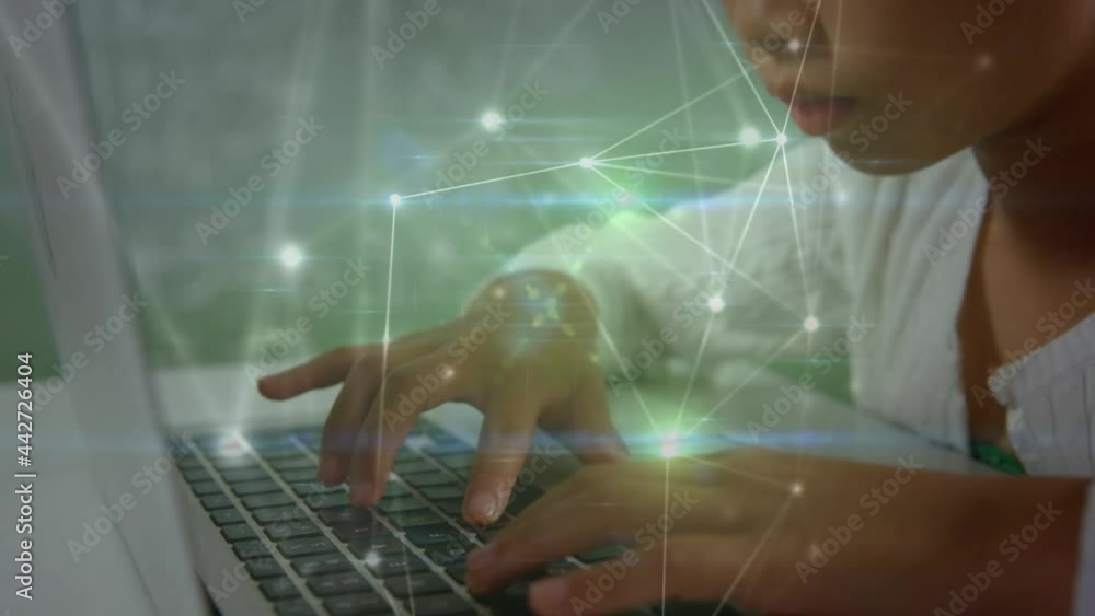 Poster animation of network of connections over schoolgirl using computer