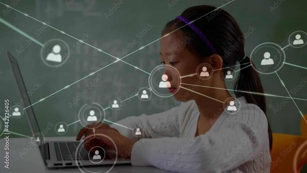 Aufkleber animation of network of connections over schoolgirl using computer