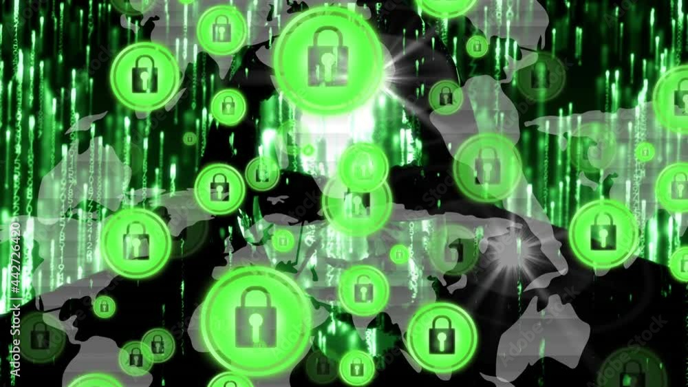 Poster animation of network of connections with padlock security icons over world map