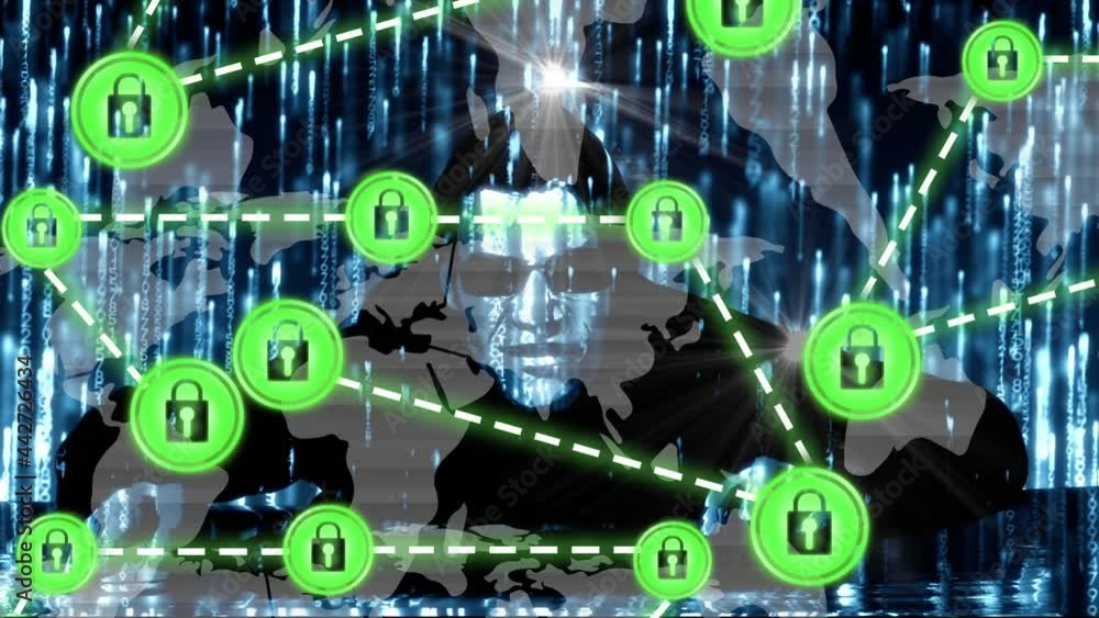Poster animation of network of connections with padlock security icons over binary coding, hacker