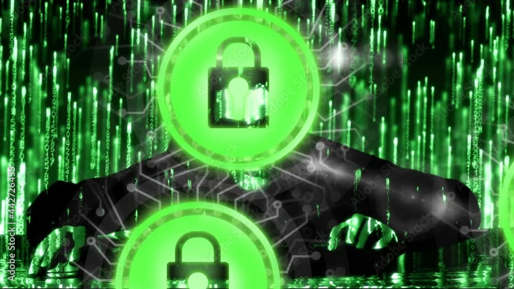 Poster animation of network of connections with padlock security icons over binary coding and hacker