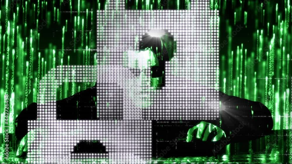 Poster animation of network of connections with padlock security icons over hacker