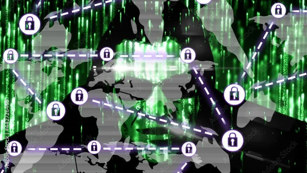 Poster animation of network of connections with padlock security icons over hacker