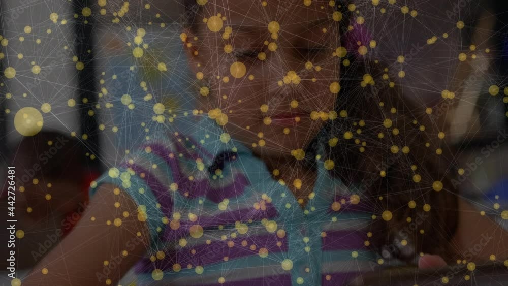 Poster animation of network of connections moving over schoolgirl using tablet in class