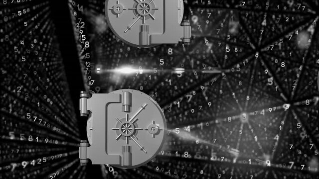 Animation of network of connections with seyflock security icons over binary coding