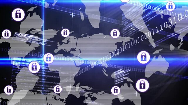 Animation of network of connections with padlock security icons over binary coding