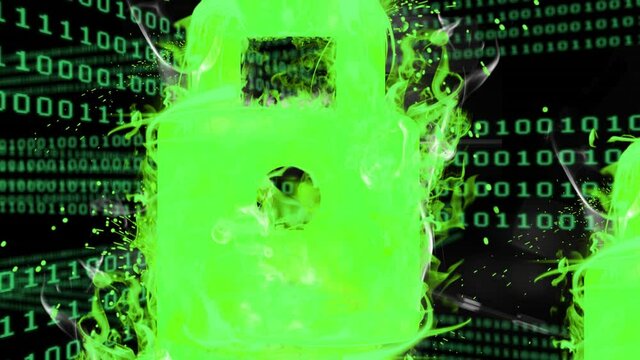 Animation of network of connections with padlock security icons over binary coding