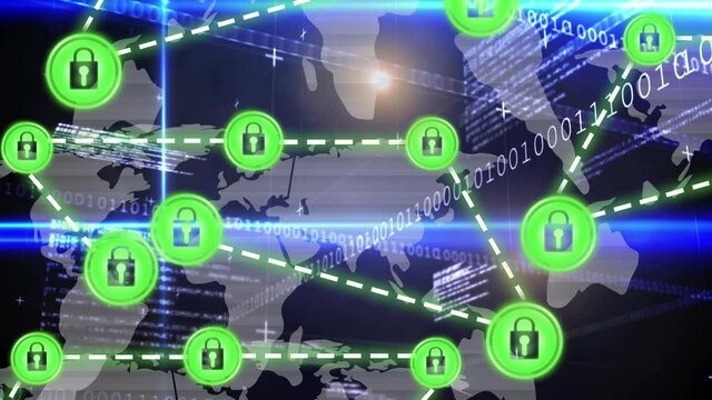 Animation of network of connections with padlock security icons over binary coding