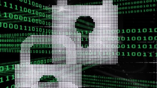 Animation of network of connections with padlocks security icons over binary coding