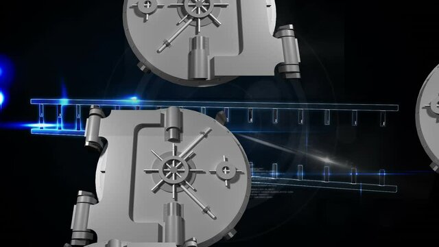 Animation of network of connections with savelock security icons over binary coding