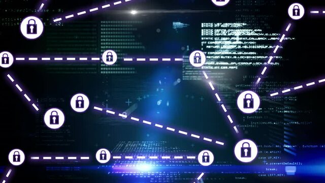Animation of network of connections with padlock security icons over binary coding