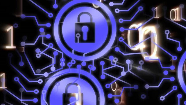 Animation of network of connections with padlocks security icons over binary coding