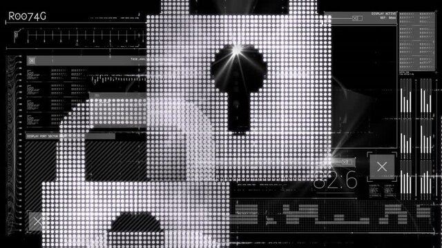 Animation of network of connections with padlock security icons over binary coding