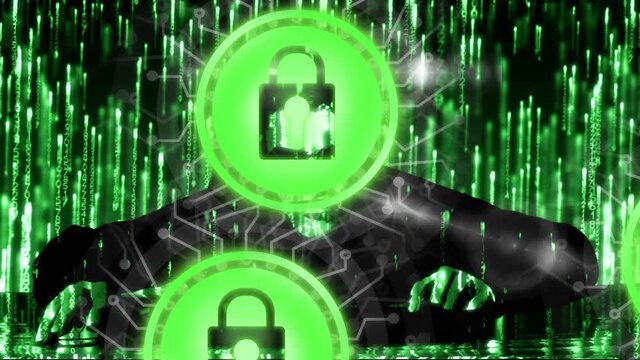 Animation of network of connections with padlock security icons over binary coding and hacker
