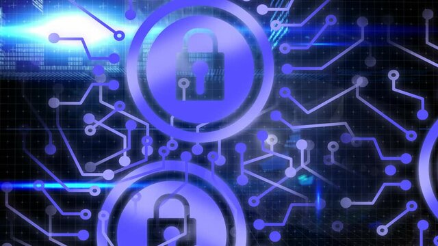 Animation of network of connections with padlock security icons over binary coding