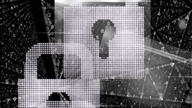 Animation of network of connections with padlock security icons over binary coding