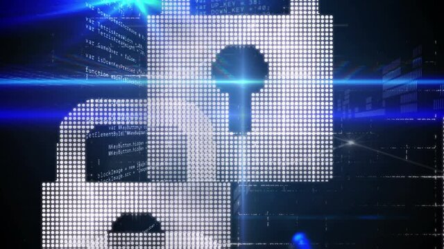 Animation of network of connections with padlock security icons over binary coding