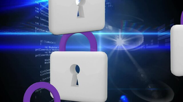 Animation of network of connections with padlock security icons over binary coding