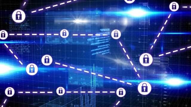 Animation of network of connections with padlock security icons over binary coding