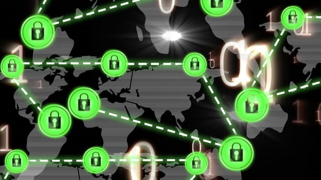 Animation of network of connections with padlocks security icons over binary coding