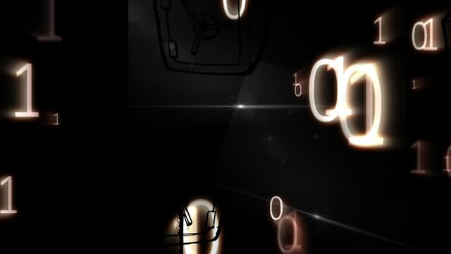 Animation of network of connections with savelock security icons over binary coding