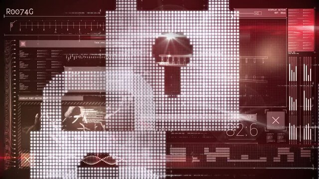Animation of network of connections with padlocks security icons over binary coding